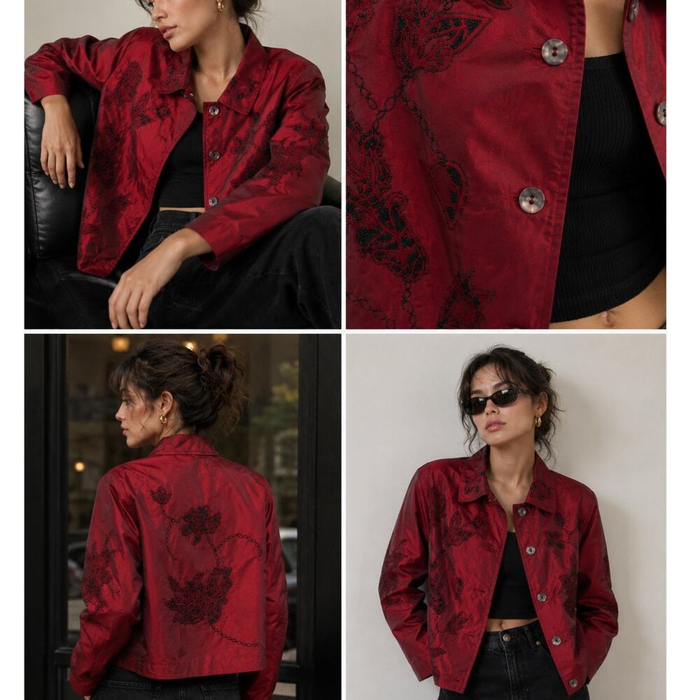Vintage Red Silk Beaded Floral Appliqué Jacket Blazer Gen Z Y2K Indie Chic SZ L